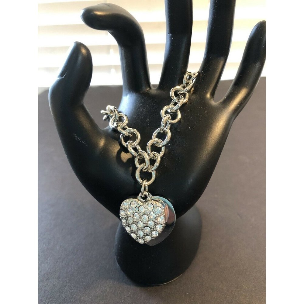Silvertone Cunky Link Bracelet Double Hearts